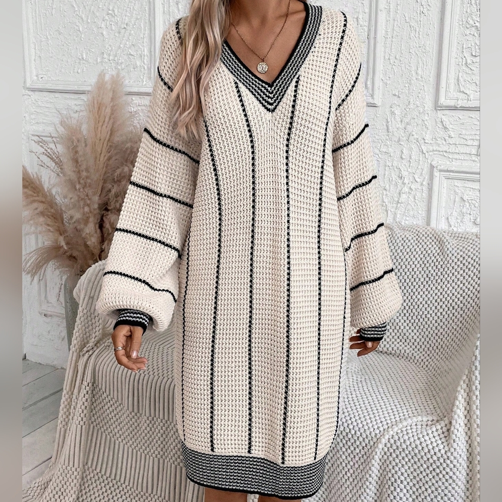 Striped Pattern Drop Shoulder Sweater Dress - Picture 3 of 4